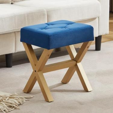 Imagem de XLSLHOMW Banqueta de toucador – banquetas quadradas, poltrona com pernas de madeira maciça, descanso de pé acolchoado rústico, madeira/veludo safira + champanhe dourado