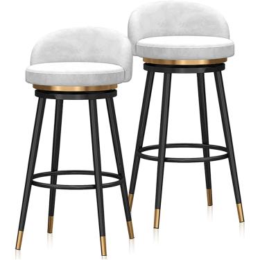 Imagem de Conjunto De 2 Banquetas Giratórias Modernas Estofadas Em Veludo Com Encosto, Apoio Para Os Pés Bancos Redondos Para Casa De Pub, White, Black