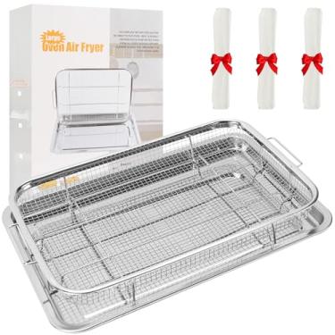 Imagem de Cesta de aço inoxidável para fritadeira a ar 36 x 26 cm com frigideira antiaderente e 50 folhas de pergaminho | Bandeja de forno multiuso para assar/grelhar (38 cm)