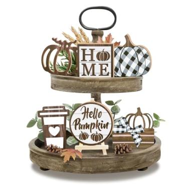 Imagem de Guoofu 7 peças de decoração de bandeja de outono de Ação de Graças, colheita de outono, Hello Pumpkin Coffee Farmhouse, conjunto de decorações de madeira, xadrez búfalo, placas decorativas de madeira