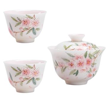 Imagem de Conjunto de chá de gongfu pintado à mão – esplendor vernal em porcelana branca pura, inclui mini bule de chá, Gaiwan, xícaras de chá, bandeja e Jianshui, presente de cerimônia de chá (Gaiwan + R-Cup*2