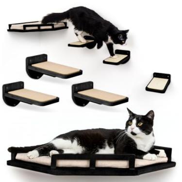 Imagem de INICIO - Prateleiras de canto para gatos com degraus, móveis de parede para gatos com almofada (preto)