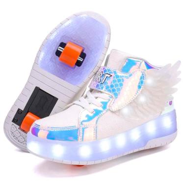 Imagem de HHSTS Calçados infantis com rodas Tênis de LED cor clara brilhante patins skate simples presente infantil meninos meninas O melhor presente para festa aniversário Natal dia, A918-branco, 4.5 Big Kid