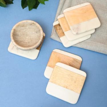 Imagem de Perilla Home Conjunto de 6 porta-copos de mármore e madeira feitos à mão - porta-copos quadrados em branco e marrom - Pratos de porta-copos elegantes e duráveis para cozinha, copos de vinho, canecas e