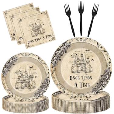 Imagem de VorkiVecKi Pratos de Conto de Fadas Decorações de Festa - 96 Peças Once Upon a Time Conjunto de Pratos de Papel de Mesa Guardanapos Garfos Descartáveis, Floral Medieval Castelo Decoração de Festa para