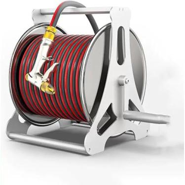Imagem de Carrinho De Mangueira, Carrinho De Carretel De Mangueira De Jardim Com Spray De Bico, Mangueira De água De Aço Inoxidável Portátil/Montada Na Parede Ao Ar Livre 1/2 '' Carret, Red, 40m