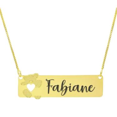 Imagem de Colar Personalizado Ursinho Coração Vazado Gravação Fabiane Banhado Ouro 18K - 999012312