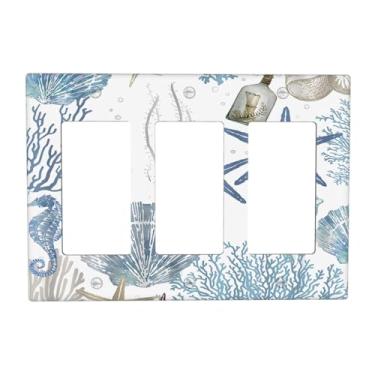 Imagem de Brinkaloo Capa decorativa para interruptor de luz náutica coral estrela do mar cavalo marinho 3 gangues triplo balancim litoral praia concha tomada placa de parede placa elétrica para casa de banho