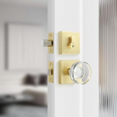 Imagem de Leydebong Conjunto de fechadura de porta de vidro cristal premium, conjunto de maçanetas de porta com fechadura de cilindro único, fechadura de latão acetinado, reversível para conjunto de fechadura