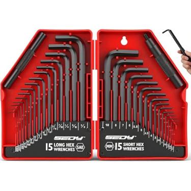 Imagem de SEDY Conjunto de chaves hexagonais de 32 peças, chaves Allen métricas e SAE (0,028-3/20.3 cm, 0,7-10 mm) Chaves Allen em forma de L, aço cromo vanádio com 2 alças de extensão