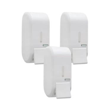 Imagem de Kit 3 Saboneteira Compacta 400ml Dispenser Push Plástico ABS Resistente Visor Frontal Trava Chave Economia Espaço Design Moderno Banheiros Lavabos Escritórios Clínicas (3, Branco)