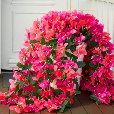 Imagem de Juinte 4 peças de flores artificiais falsas buganvílias, plantas para decoração ao ar livre, seda falsa, resistente a UV, trepadeiras longas para varanda e varanda (roxo e vermelho)