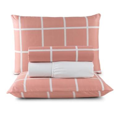 Imagem de Jogo de Cama Casal Box 4 Peças Micropercal 200 Fios com Lençol com Elástico e Fronhas – Toque Aveludado(Rose Grid)