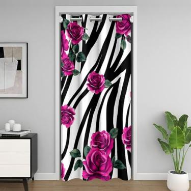 Imagem de Castle Fairy Cortina de porta de flores de rosa para privacidade de porta, cortina de porta de armário com listras de zebra preta e branca para quarto, cortinas de escurecimento de quarto rústicas