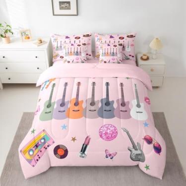 Imagem de Conjunto de cama para meninas, com estampa de violão, música cantora, solteiro, rosa, estética, moderno, discoteca, borboleta, 7 peças, edredom com edredom, lençóis, fronhas e capa de almofada