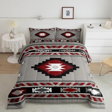 Imagem de Feelyou Conjunto de edredom tribal do sudoeste, para decoração de quarto de crianças, meninos, meninas, adolescentes, edredom geométrico, tamanho casal, cinza, vermelho, 3 peças