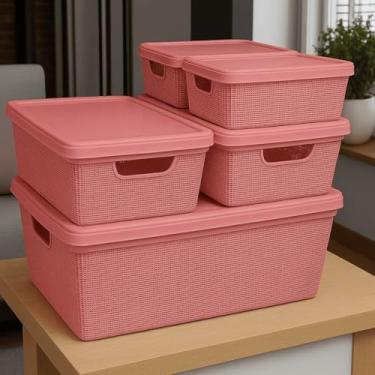 Imagem de Caixa Organizadora com Tampa Kit 5 Peças Cesto Grande em Plástico 1,8 L 5 L 15 L - Rv-Ecommerce (Rosa)