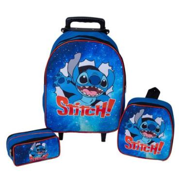 Imagem de Kit Mochila Carrinho Infantil Escolar - Stitch Azul Menino - DB
