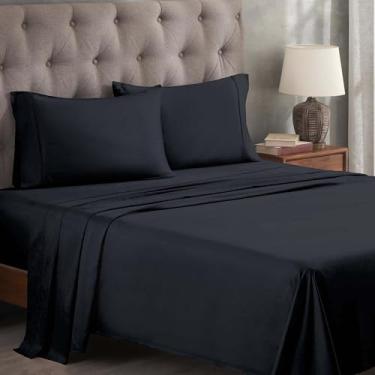 Imagem de Superior Jogo de lençol de cama de algodão egípcio 400 fios, 1 lençol com elástico alto, 1 lençol de cima, 1 fronha, roupa de cama macia, lençóis de luxo, tecido acetinado, solteiro, azul marinho