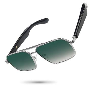 Imagem de Óculos de sol inteligentes para homens/mulheres, Bluetooth 5.4, UV400 com microfone embutido e alto-falantes abertos, leve, controle de voz (armação prata + lente ciano)