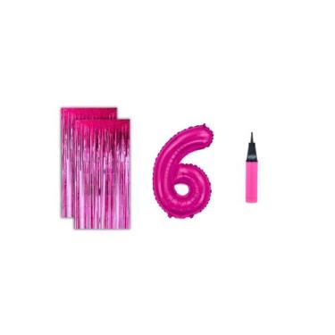 Imagem de Kit 2 Cortinas Metalizadas e Balão Número+Inflador Ar- Rosa - Partiufe