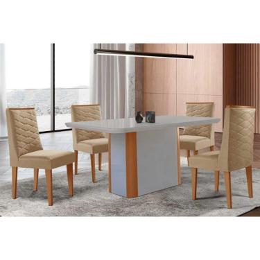Imagem de Conjunto Sala de Jantar Pietá c/ Tampo Madeirado c/ Vidro Canto Curvo 120x80cm e 4 Cadeiras Dafne Madeira Maciça Naturale/Off White - Capuccino/Linho 