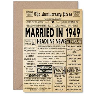 Imagem de Stuff4 Cartão de aniversário de 76 anos para homens e mulheres - Jornal vintage casado em 1949 - Cartão de aniversário de casamento feliz de 76 anos para parceira, esposa companheira, marido, cartões