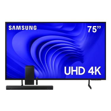 Imagem de Conjunto Smart TV 75” 4K UHD Samsung 75DU7700 Crystal Gaming Hub AI Energy + Soundbar HW-B550 410W Dolby