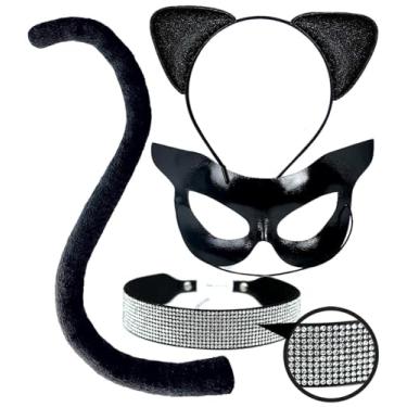 Imagem de OLYPHAN Acessórios para fantasia de gato preto, fantasia de mulher de gato, máscara de gato com glitter, orelhas e cauda de gato adulto com gargantilha de strass