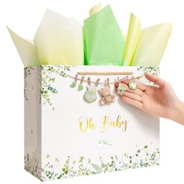 Imagem de Crisky Saco grande de presente verde para bebês de 33 cm com papel de seda, cartão de presente e laço para festas de aniversário de crianças (eucalipto e roupas fofas pequenas)
