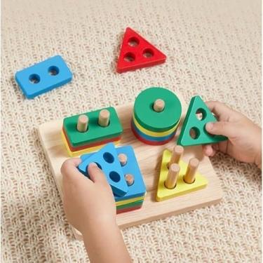 Imagem de Brinquedo Educativo Montessori de Madeira Didático Sensorial Formas e Cores Empilháveis para Bebê Linha Premium M5 Armarinhos (FORMAS DE ENCAIXE)