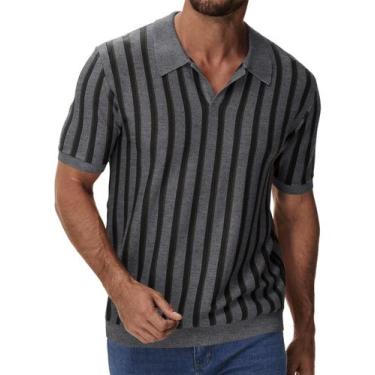 Imagem de Camisa polo iWoo Knit listrada de manga curta com decote em V para hom