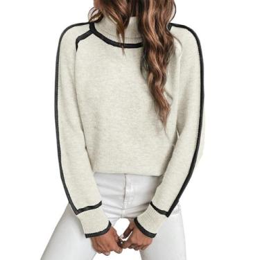 Imagem de Suéter feminino EVALESS, gola alta, bloco colorido, branco, tamanho S