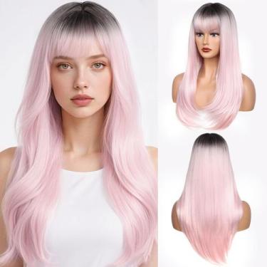 Imagem de Peruca YUCCAHA Ombre rosa sintética em camadas com franja de 26" para 