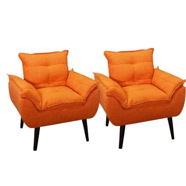 Imagem de Kit 02 Poltrona/cadeira Decorativa Glamour Opala Com Pés Quadrado Laranja Linho