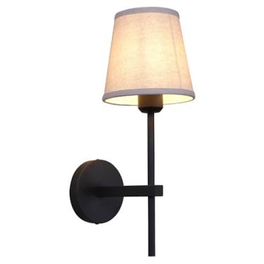 Imagem de Phansthy Arandelas de parede boho de latão com fio, lâmpadas de parede industriais vintage, iluminação de parede com sombra de tecido de linho natural para banheiro, quarto, sala de estar (preto)