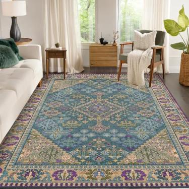 Imagem de Kokia Tapetes de área de 10 x 15 cm para sala de estar, lavável na máquina, tapete boho antiderrapante para quarto, tapete vintage macio estampado azul-petróleo verde roxo 10 x 15 cm