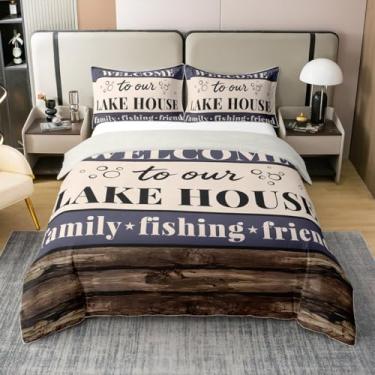 Imagem de Erosebridal Conjunto de cama queen 100% algodão Lake House, vintage rústico, fazenda rústica, casa de campo, capa de edredom retrô, casa de campo, chalé, porta de celeiro, conjunto de cama de madeira