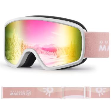 Imagem de OutdoorMaster Óculos de esqui infantil OTG Snowboard com 100% de proteção UV Óculos de neve para meninos e meninas (armação branca VLT 13,9% + lente rosa Revo)