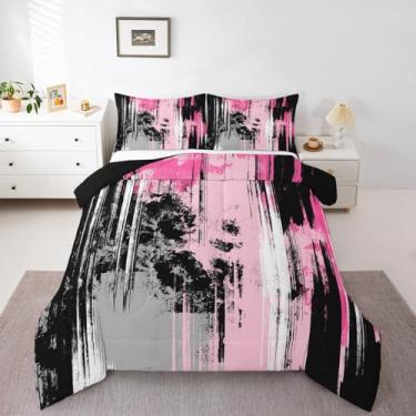 Imagem de Feelyou Conjunto de cama abstrato, solteiro, rosa e preto, para meninos, meninas, adolescentes, geométrico, respirável, macio, leve, microfibra, moderno, decoração de quarto infantil