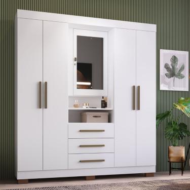 Imagem de Guarda Roupa Casal com Espelho 5 Portas 3 Gavetas e Pés Europa Faimec - Branco