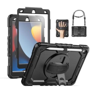 Imagem de SEYMAC Capa para iPad 9ª/8ª/7ª geração 10,2 polegadas 2021-2019, capa protetora resistente à prova de choque com protetor de tela, suporte giratório de 360°/alça/alça de ombro para iPad 10.2, preta