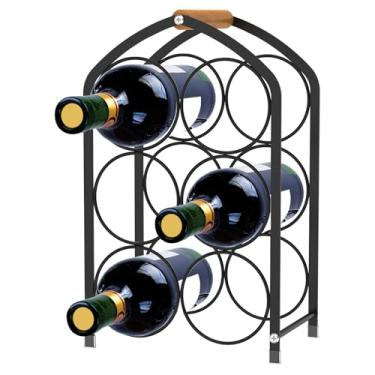Imagem de Rack de vinho de bancada com alça de madeira, organizador de armazenamento de vinho de metal - comporta até 6 garrafas de suporte de garrafa de vinho de mesa independente para cozinha, mesa, bar