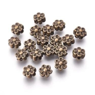 Imagem de LiQunSweet 100 peças de contas de metal de margarida de bronze antigo tibetano vintage floral espaçador para joias faça você mesmo, pulseira, colar, brinco, bolsa, chaveiro, decoração de telefone
