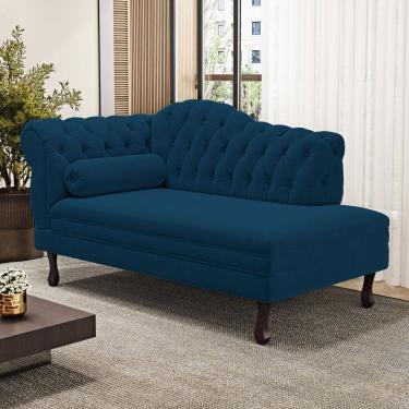 Imagem de Divã Recamier Lavínia Clássico 120cm Capitonê com Pés de Madeira Veludo Azul Marinho - Desk Design