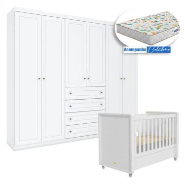 Imagem de Berço Tutto New com Guarda Roupa Americano 6 Portas Branco Fosco e Colchão Gazin - Matic