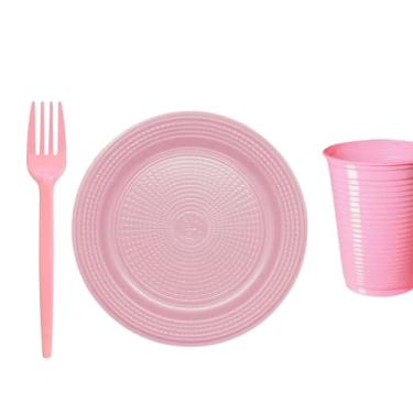 Imagem de Kit 300 Peças Descartáveis para Festa com 100 Copos 200ml + 100 Pratos 15cm + 100 Garfos 12cm | Ideal para Eventos, Aniversários, Churrascos e Refeições Coletivas (Rosa)