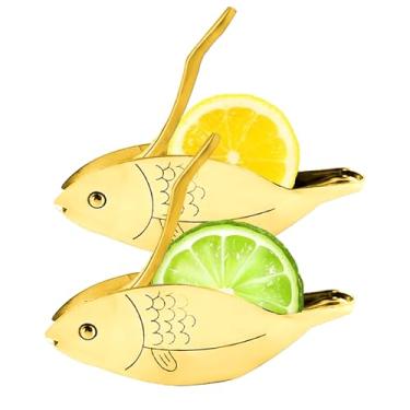 Imagem de Espremedor de limão em forma de peixe, espremedor de limão manual de aço inoxidável, cítrico de limão portátil, espremedor manual resistente para coquetéis e bebidas (ouro)