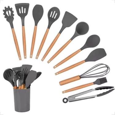 Imagem de Kit Completo Jogo Utensílios de Cozinha Luxo 19 Peças Com Tábua em Silicone Espátula Faca Tesoura(Cinza)