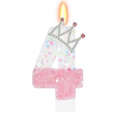 Imagem de ElekFX Vela número 4 rosa e branca, topo de bolo com coroa de glitter, decorações de festa de aniversário de princesa para meninas e mulheres, lembrancinhas de festa de aniversário